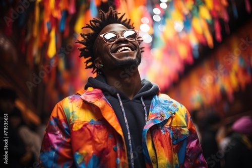 A vibrant and stylish man with a cool facade, sporting sunglasses and a colorful jacket, blends into the lively atmosphere of an outdoor festival