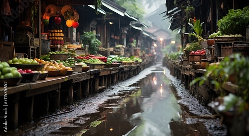 Amidst the city's bustling night, rain glistens on the outdoor marketplace, where fresh produce and plants line the street, inviting passersby to taste the water and flavors of the bustling food mark