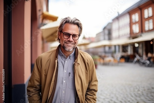 Portrait of handsome middle-aged man with eyeglasses outdoors
