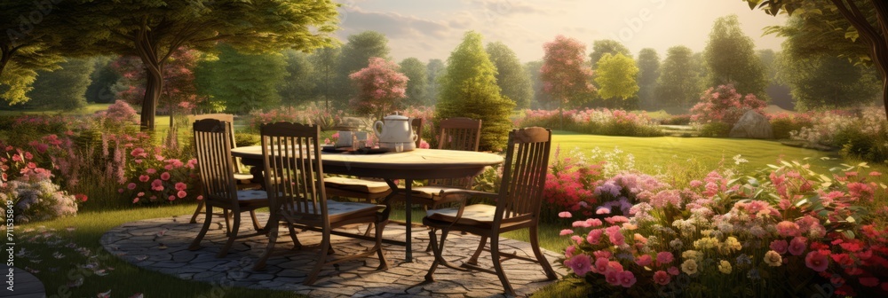 Table with chairs in the summer garden of a country house, summer vacation, flower bushes and green lawn, banner