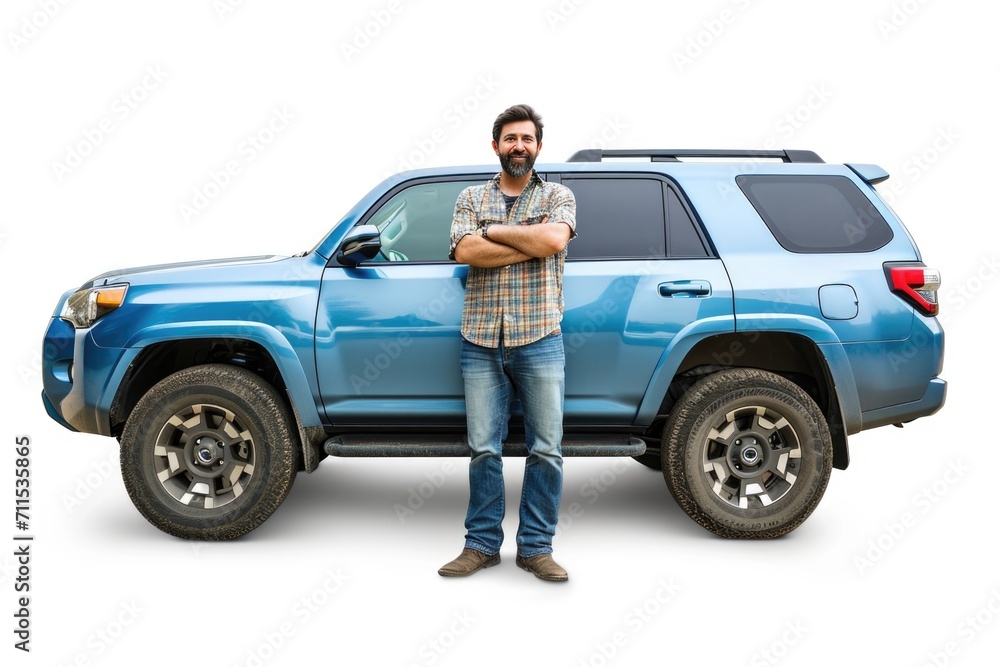© darshika - Full length portrait of a man leaning on a SUV isolated on white background © darshika - Full length portrait of a man leaning on a SUV isolated on white background