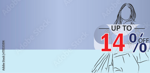 create an enticing banner for a 14 percent discount on a product or service, illustration shopping girl lineart design