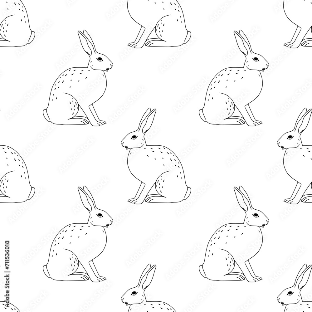 Fototapeta premium Vintage style seamless pattern with rabbit or hare. Linear hand drawn elements. Bohemian line art simple minimalist texture for fabric, textile, paper. Elegant outline vector surface. Wildlife concept