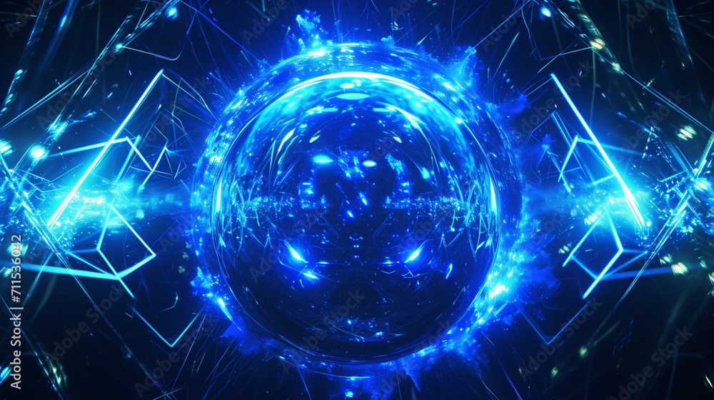 Obraz premium Vj Loop Blue Liquid Sphere Surrounded By Light Streaks And Triangle Ring, Copy paste area for texture 
