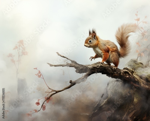 A curious mammal perches on a bare tree branch, its furry body blending with the winter landscape as it peers down at the bustling world of ground squirrels below photo