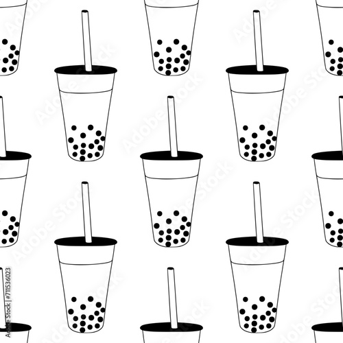 Seamless pattern with bubble tea with straw. Linear minimalist surface with drinks for kitchen textile, fabric, menu design. Black and white line art elements