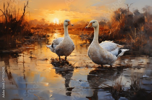 Amidst the serene beauty of a painted sky, two graceful geese stand tall on a peaceful pond, reflecting the tranquil essence of nature