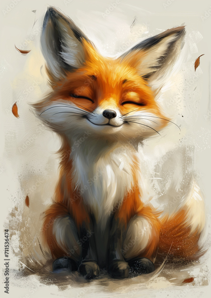 Fototapeta premium Cute drawing of small happy fox sitting proudly in the forest