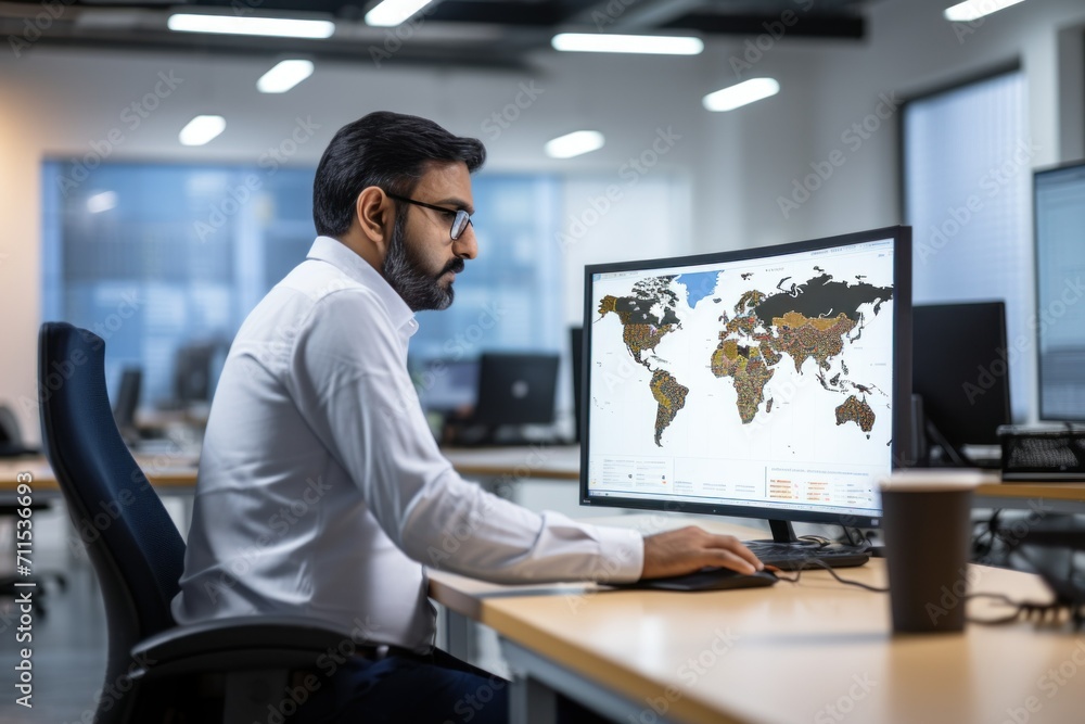 Portrait of businessman working on desktop computer in dark office. Global business concept