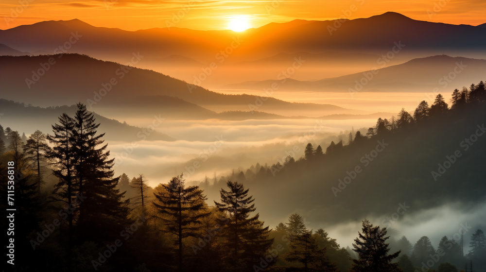 smoky mountain sunset scene, with the sun casting a warm, golden glow over the rugged peaks