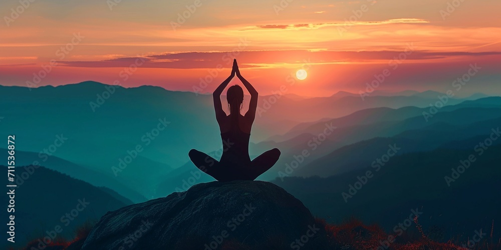 silhouette of woman yoga on the mountain  - obrazy, fototapety, plakaty 
