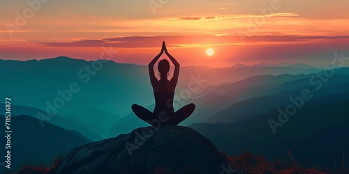 silhouette of woman yoga on the mountain  photo
