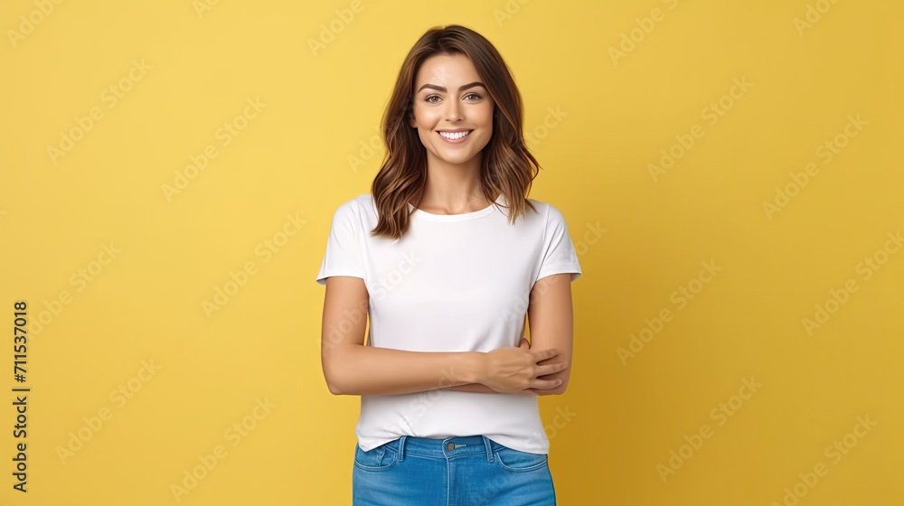 A wide shot of woman, age 22, wearing white shirt and blue pants, with lively smiling facial expression, at yellow background, design tshirt template, print presentation mock - up A wide shot of woman, age 22, wearing white shirt and blue pants, with lively smiling facial expression, at yellow background, design tshirt template, print presentation mock - up