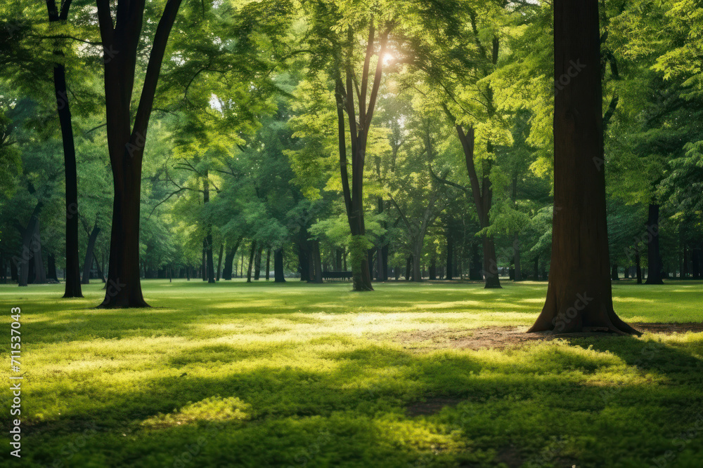 Naklejka premium Immerse yourself in the calming vibes of a sun-dappled park where green trees and a serene atmosphere create a tranquil escape. AI generative.
