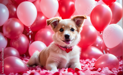 Puppy sitting amidst a sea of pink and red heart-shaped balloons, rose petals scattered around, romantic atmosphere, detailed texture of the cat's fur. Generative AI