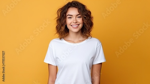  A wide shot of woman, age 22, wearing white shirt and blue pants, with lively smiling facial expression, at yellow background, design tshirt template, print presentation mock - up