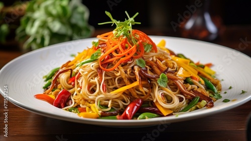 a visually striking display of stir-fried noodles and colorful vegetables, artfully arranged on a pristine white plate.