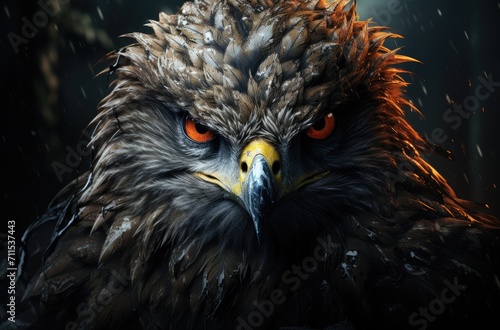 A majestic eagle, with piercing orange eyes and a powerful beak, perches gracefully in the wild as a symbol of fierce beauty and untamed freedom