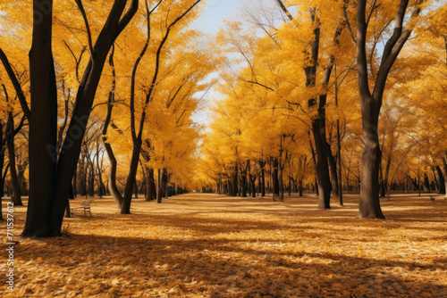 Capture the vividness of autumn in a serene park featuring a bright yellow leafy carpet on the ground and trees bathed in sunlight evoking a joyful mood. AI generative.