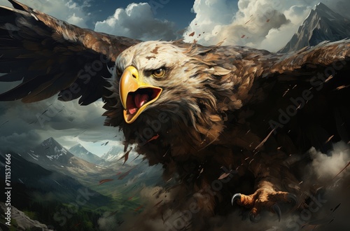 A majestic eagle soars effortlessly through the clouds, its keen eyes scanning the rugged mountain peaks below, embodying the freedom and grace of the accipitridae family photo