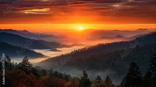 a mesmerizing sunset in the Smoky Mountains, where the sun dips below the horizon, casting a veil of warm hues across the misty peaks