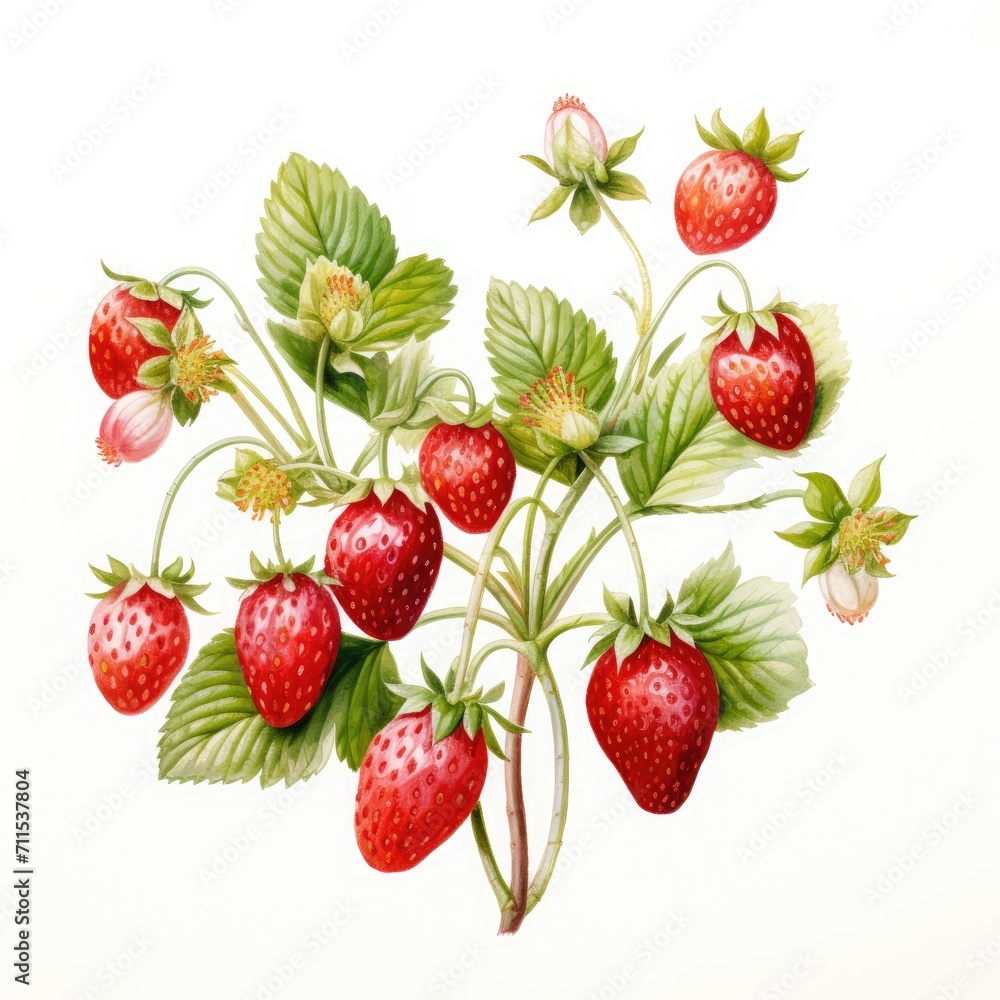 Strawberry branches painted with watercolor on white background Strawberry branches painted with watercolor on white background