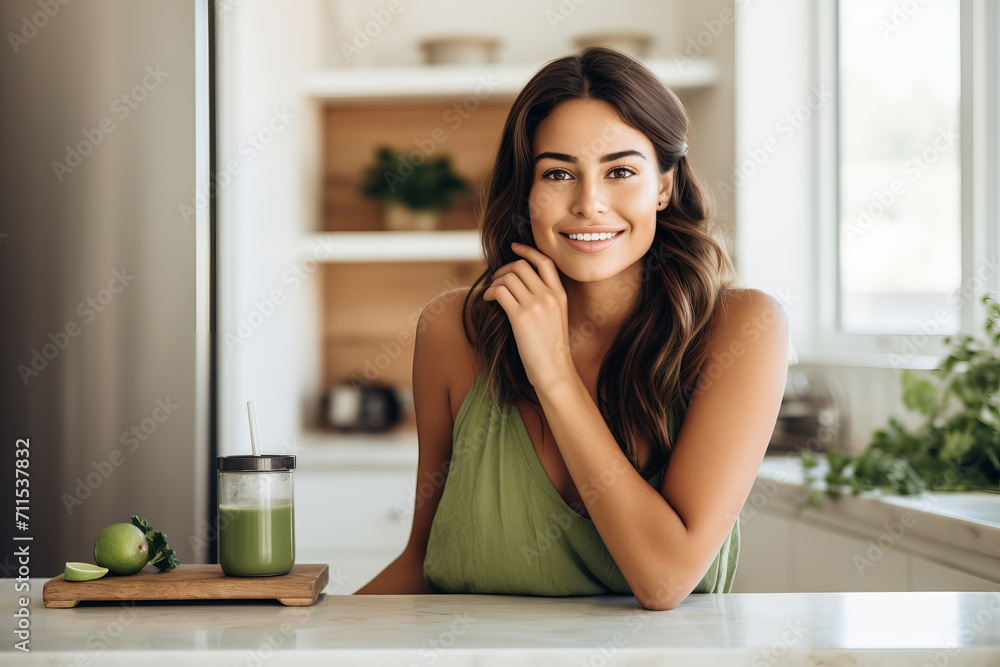 Lifestyle shot, Woman preparing an organic shake at home promoting health and wellness beautifully captured with AI generative technology.