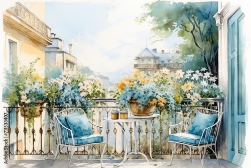 Watercolor illustration of colorful different potted flowers on a balcony or terrace, bright balcony with flowers