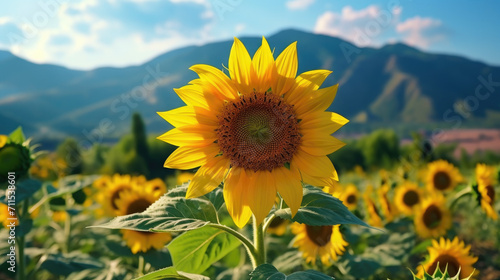 sunflowers in field the mountain background  beautiful view nature of spring season 