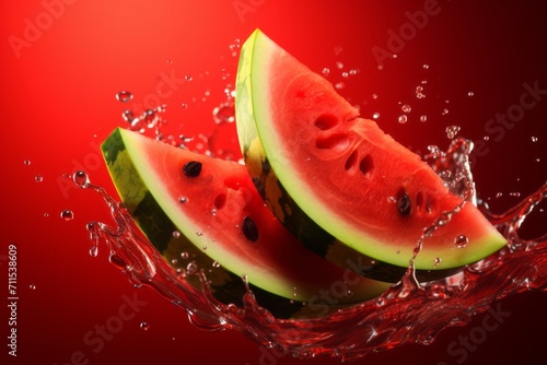 Watermelon slices in splashes of water and watermelon juice on a red background