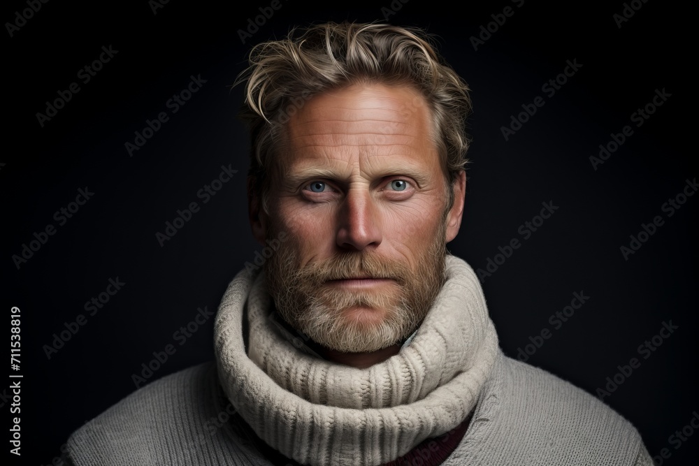 Portrait of a man with a beard and moustache in a warm sweater on a dark background Portrait of a man with a beard and moustache in a warm sweater on a dark background