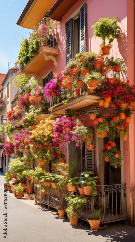Colorful different flowers in pots on balcony or terrace, bright balcony with flowers
