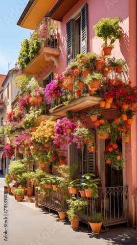 Colorful different flowers in pots on balcony or terrace  bright balcony with flowers