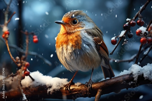 Amidst the winter wonderland, a resilient oscine songbird, the european robin, perches gracefully on a snow-covered branch, its melodic song echoing through the chilly air © familymedia