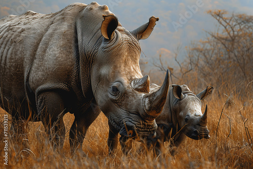 A mother Javan rhinoceros and her calf are grazing peacefully on the grass.