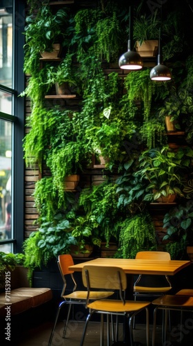 A modern cafe or restaurant with a living wall of greenery, biophilic design, vertical gardening, eco friendly green nature design landscape in building © pundapanda