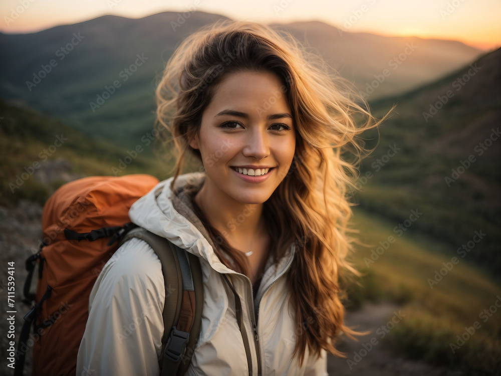 Female teenager doing hiking activities Life and health concepts, Image generative AI.