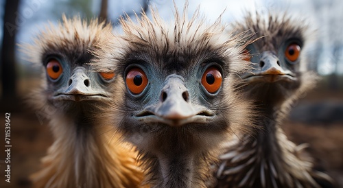 Fiery eyes pierce through the wilderness as a majestic emu stands tall, its feathered fur a symbol of resilience and adaptability in the face of flightlessness © familymedia