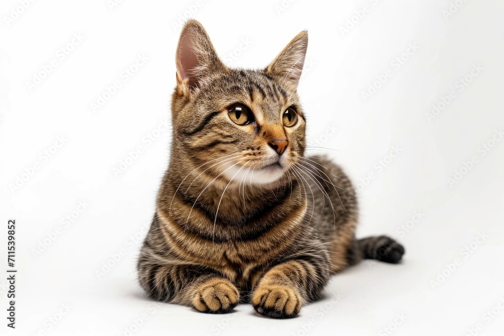 Fototapeta premium Studio portrait of a sitting tabby cat looking forward against a white backdground