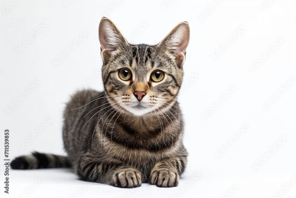 Studio portrait of a sitting tabby cat looking forward against a white backdground