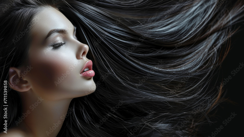 Young woman with flowing brunette hair and soft glam makeup look. Modern hair and beauty trends concept Young woman with flowing brunette hair and soft glam makeup look. Modern hair and beauty trends concept