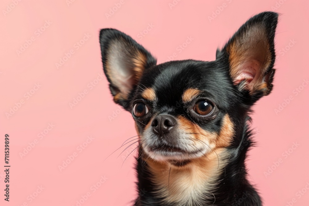 Black and brown chihuahua posing against pink background.