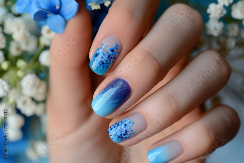 Female hands with blue nail design. Woman hands with trendy polish manicure on background with spring flowers