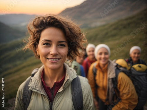 A group of middle-aged women doing activities, hiking, lifestyle and health concepts. Image generative AI.
