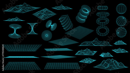 Retro futuristic design elements. 3D wireframe shapes, cyberpunk windows and distorted meshes. Vector blanks for a poster, banner, business card