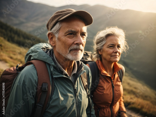 Photos of retired man doing hiking activities, lifestyle concepts, exercise, and health. Image generative AI © AI Vision Studio