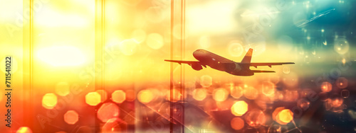 commercial airplane in flight against a glowing sunset with a bright, warm, bokeh light effect, ideal for travel and vacation themes