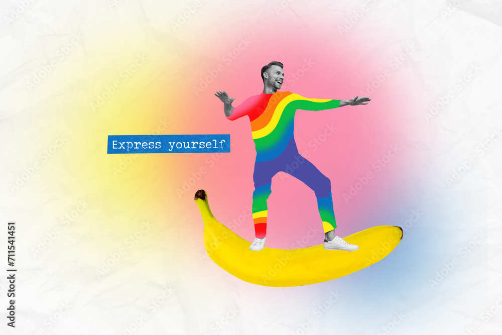 Poster collage image of cheerful nice man flying air on huge banana isolated on colorful background