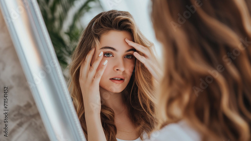 Uma linda mulher se olhando no espelho photo