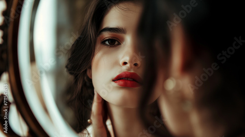 Uma linda mulher se olhando no espelho photo